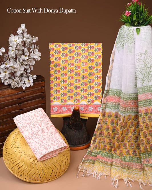 Pure Cotton Hand Block Printed Suit Set With Kota Doria Dupatta