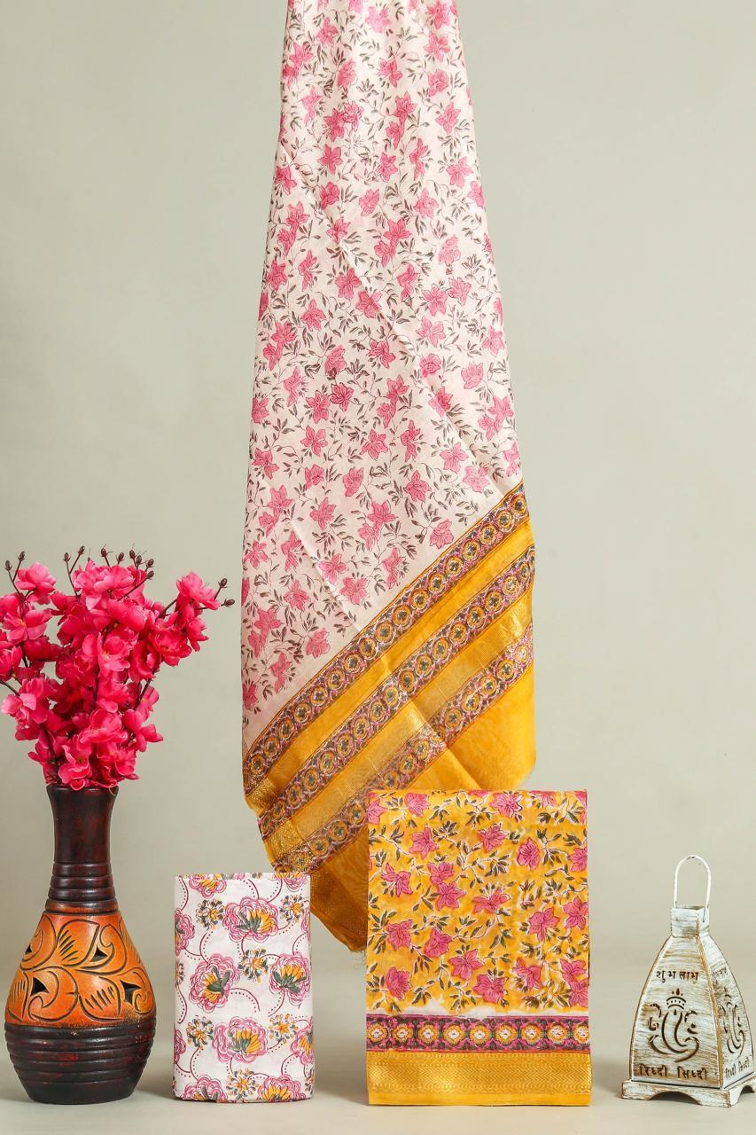 Designer Handblock Printed Maheshwari Silk Suit Set