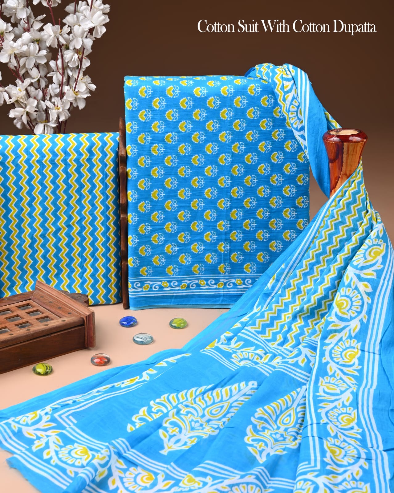 Designer Hand Block Printed Cotton Suit Set With Cotton Dupatta