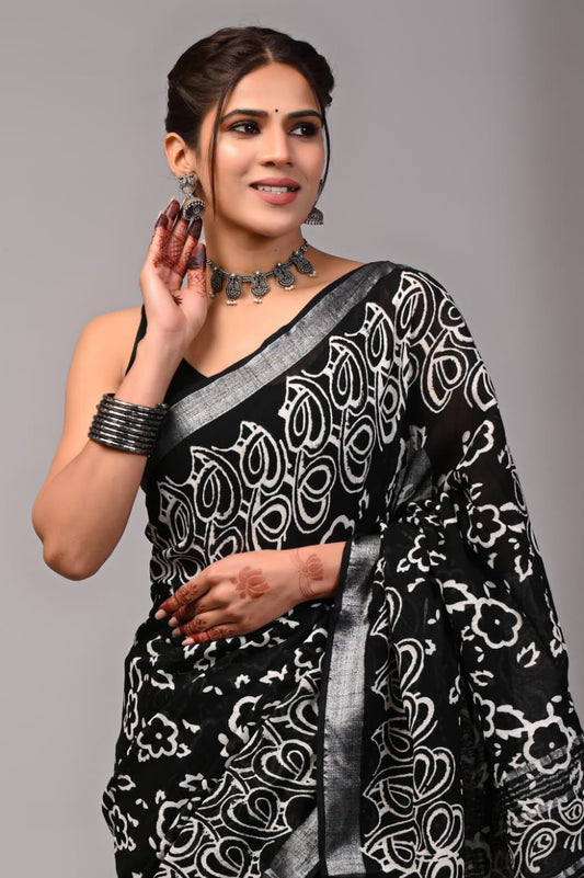 Pure Cotton Linen Handblock Printed Saree With Blouse