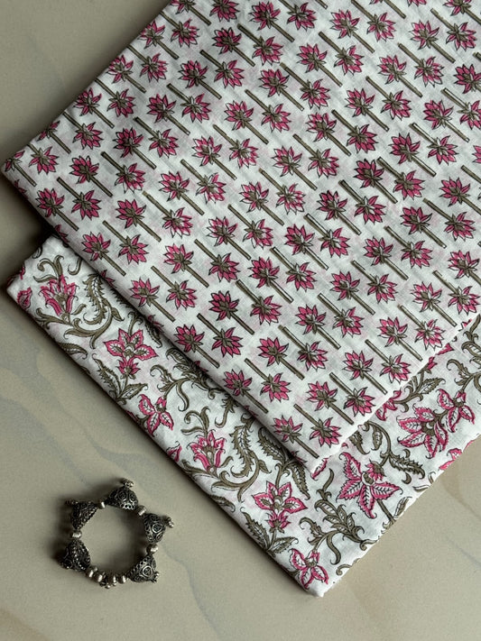 Pure Soft Cotton Handblock Printed 2PC Top-Bottom Suit Set (2.50 Meter Each)