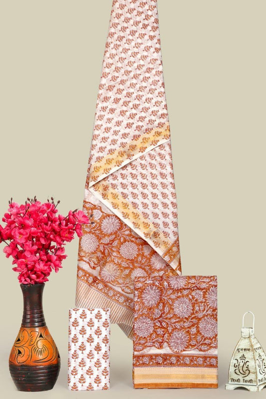 Designer Handblock Printed Maheshwari Silk Suit Set