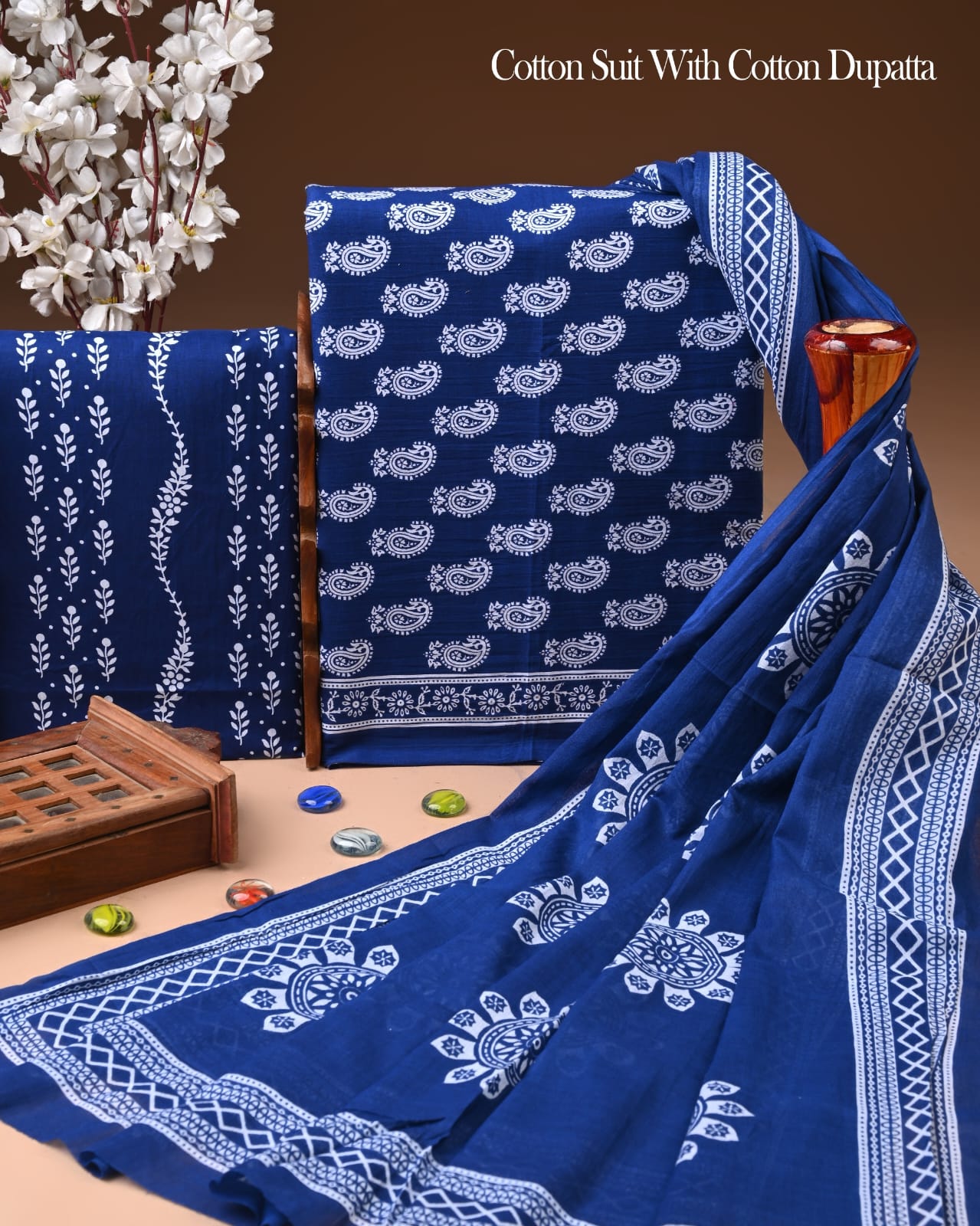 Designer Hand Block Printed Cotton Suit Set With Cotton Dupatta