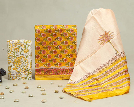Designer Handblock Printed Chanderi Silk Suit Set