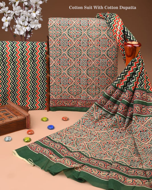 Designer Hand Block Printed Cotton Suit Set With Cotton Dupatta