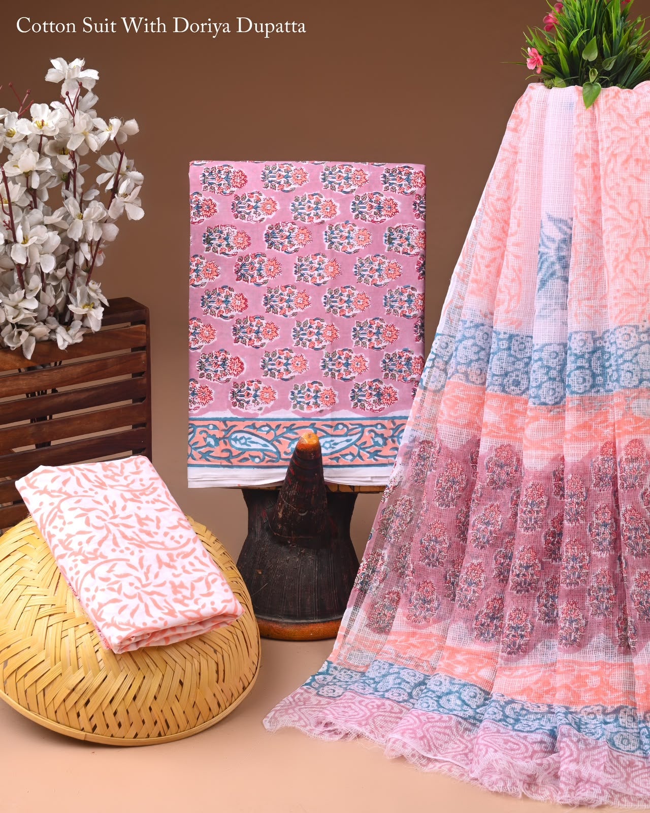 Pure Cotton Hand Block Printed Suit Set With Kota Doria Dupatta