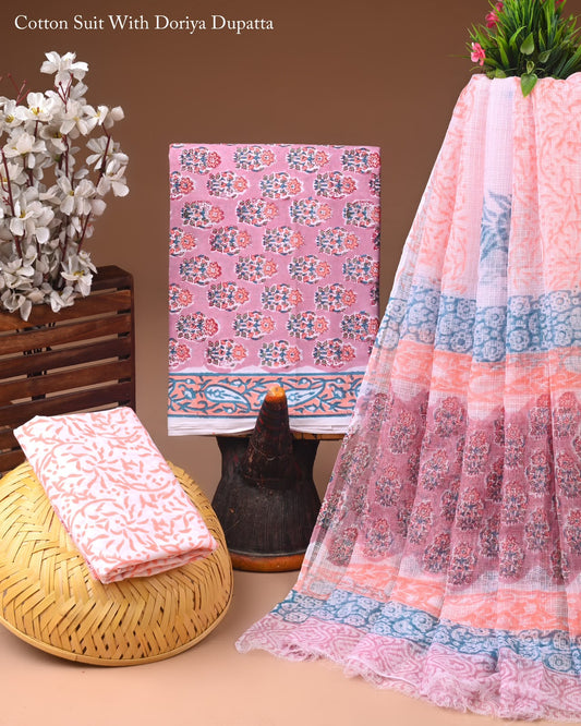Pure Cotton Hand Block Printed Suit Set With Kota Doria Dupatta