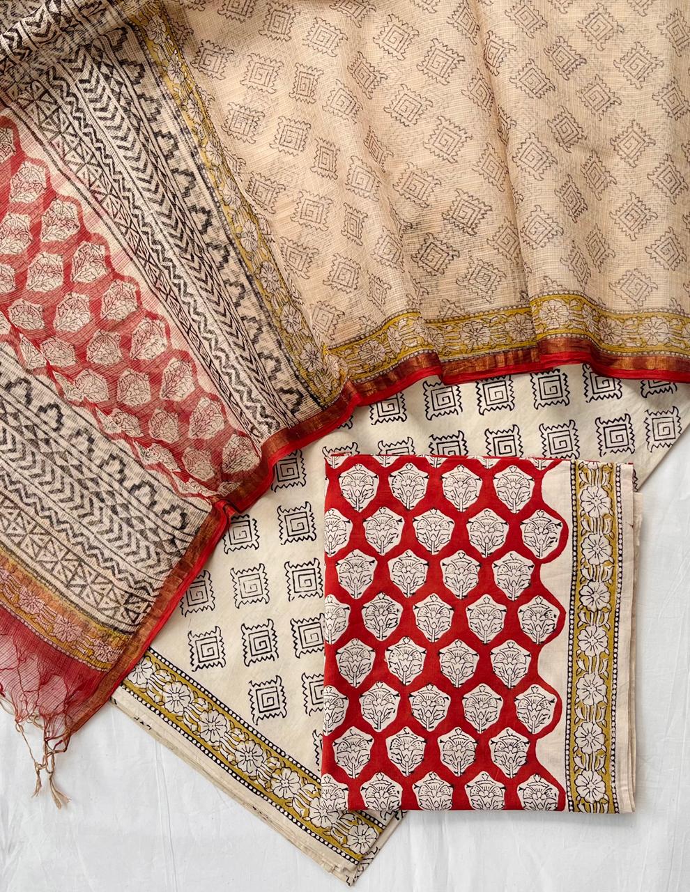 Pure Cotton Hand Block Printed Suit Set With Kota Doria Dupatta