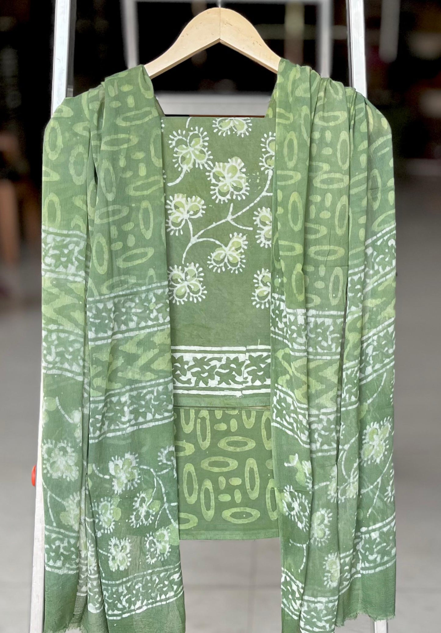 Pure Cotton Hand Block Printed Suit Set With Chiffon Dupatta