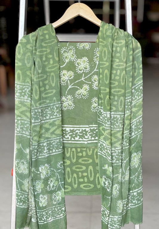 Pure Cotton Hand Block Printed Suit Set With Chiffon Dupatta