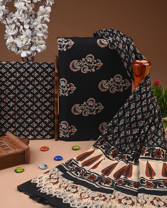 Designer Hand Block Printed Cotton Suit Set With Cotton Dupatta
