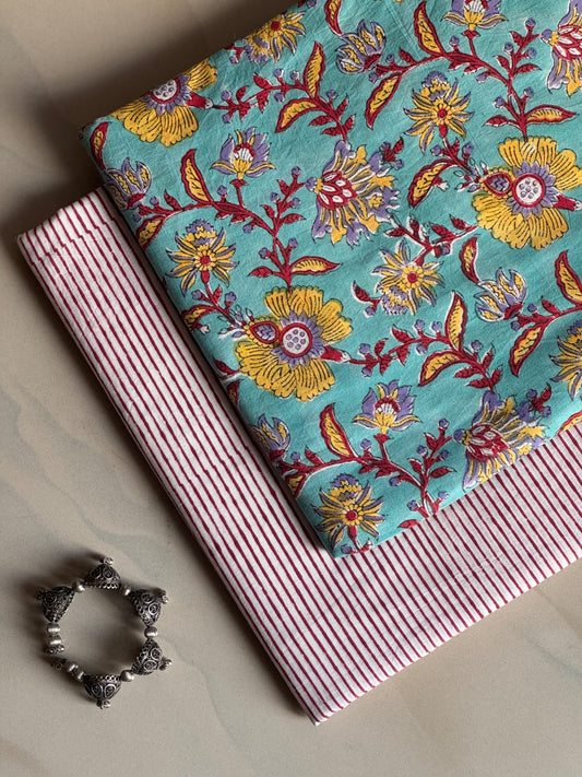 Pure Soft Cotton Handblock Printed 2PC Top-Bottom Suit Set (2.50 Meter Each)