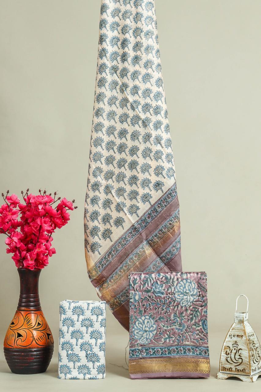 Designer Handblock Printed Maheshwari Silk Suit Set