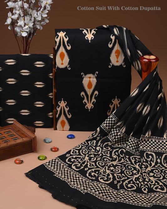 Designer Hand Block Printed Cotton Suit Set With Cotton Dupatta