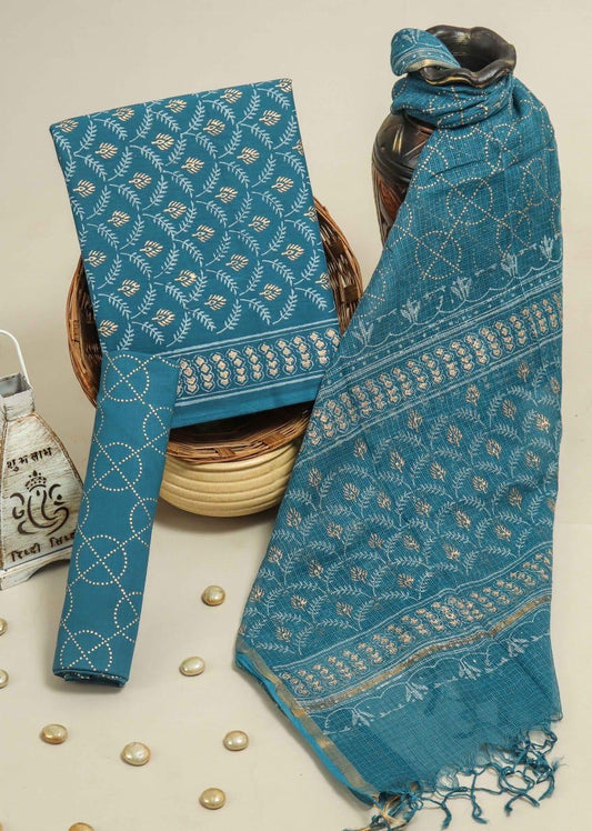 Pure Cotton Hand Block Printed Suit Set With Kota Doria Dupatta