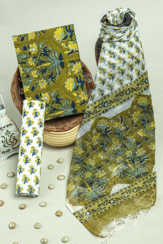 Pure Cotton Hand Block Printed Suit Set With Kota Doria Dupatta