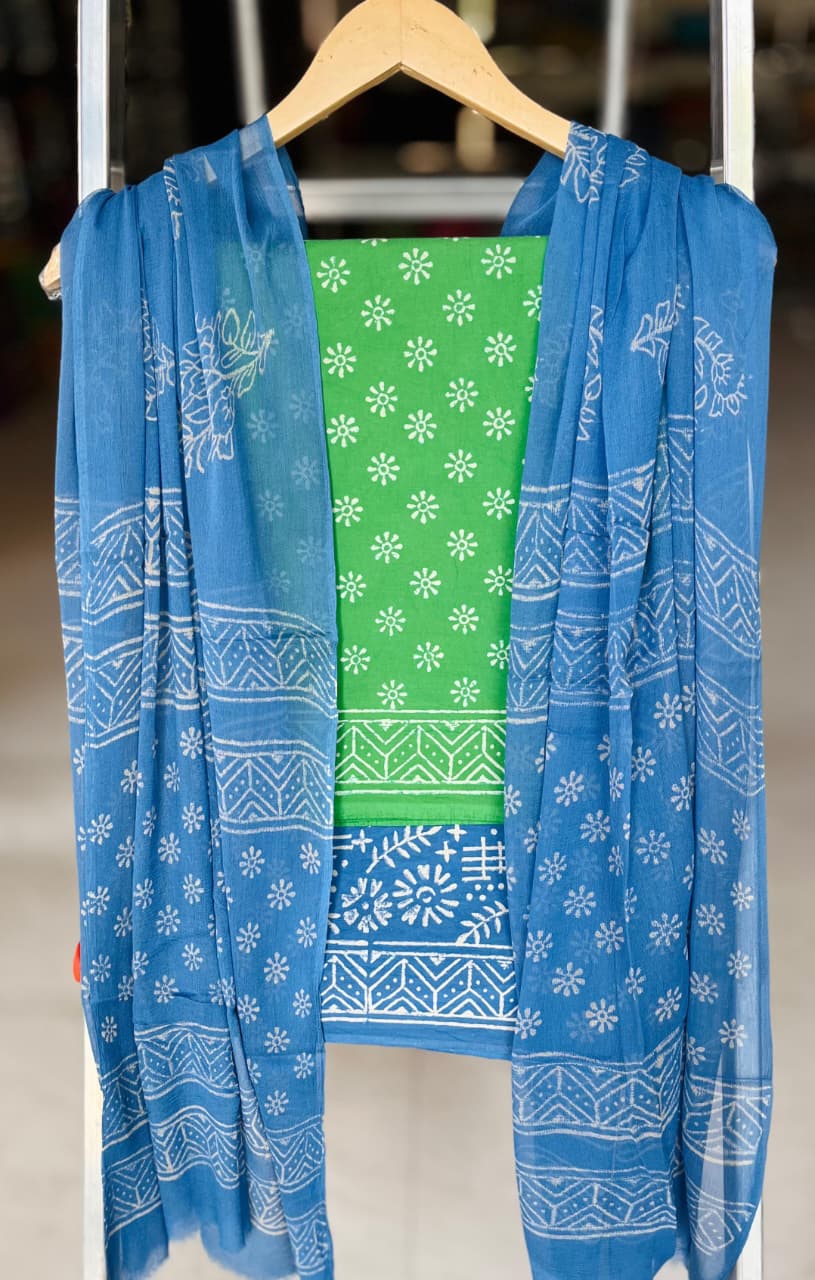 Pure Cotton Hand Block Printed Suit Set With Chiffon Dupatta