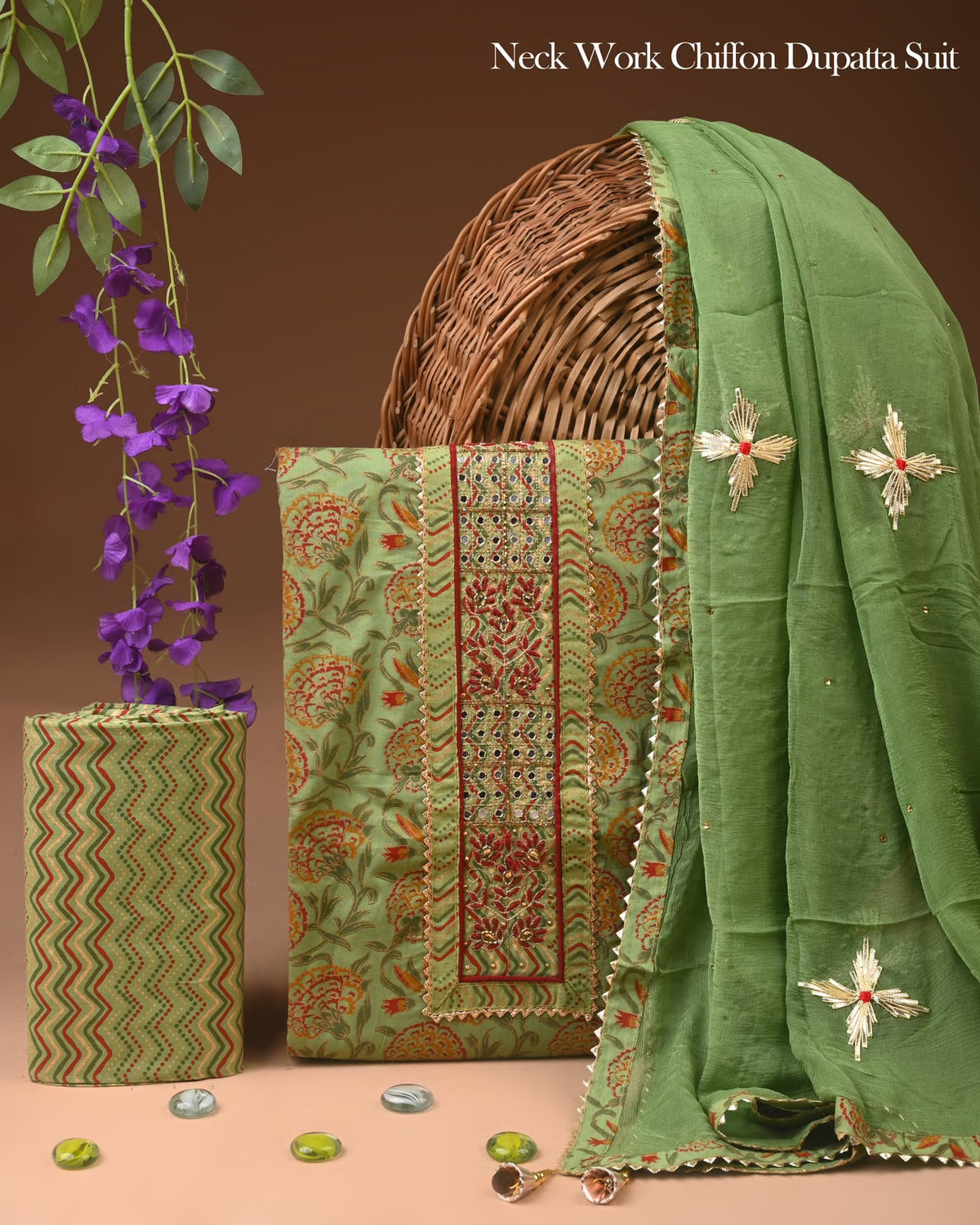 Premium Gota Patti Work Cotton Suit Set With Chiffon Dupatta