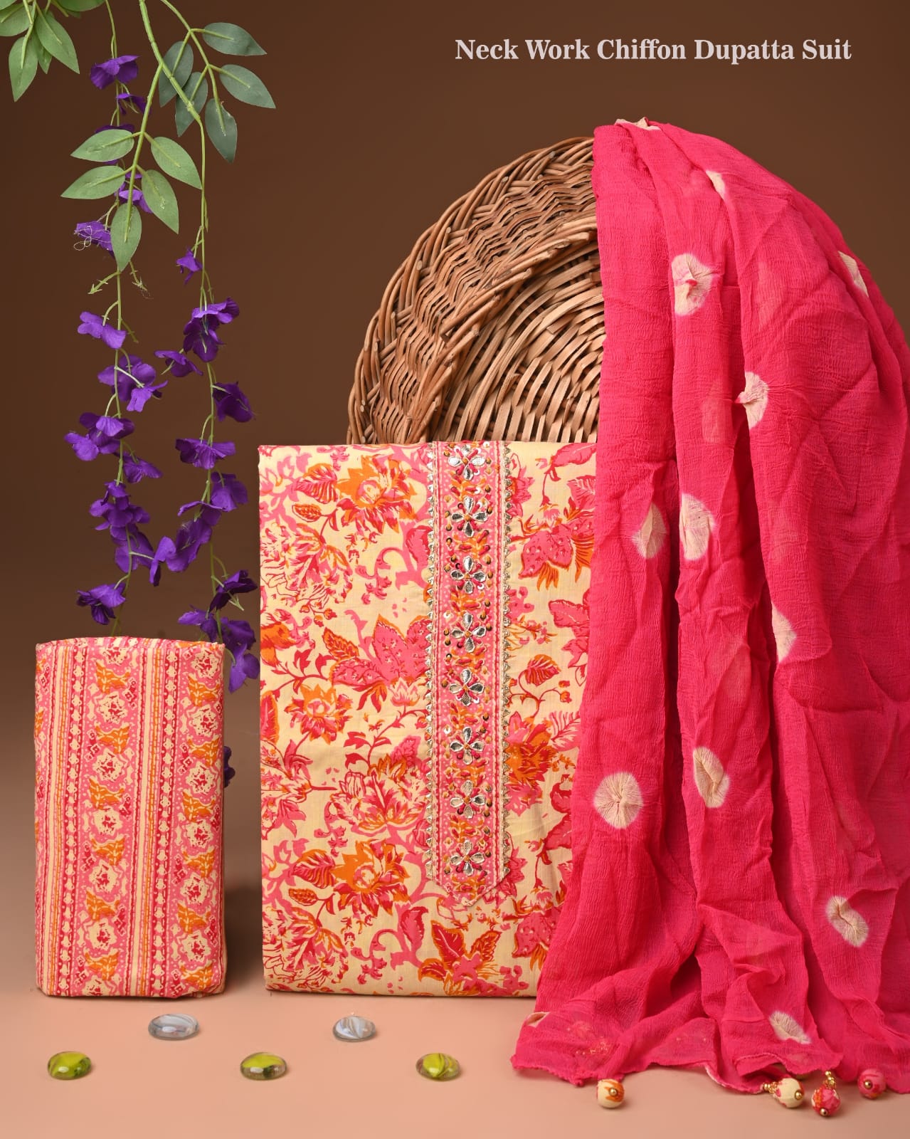 Premium Gota Patti Work Cotton Suit Set With Chiffon Dupatta