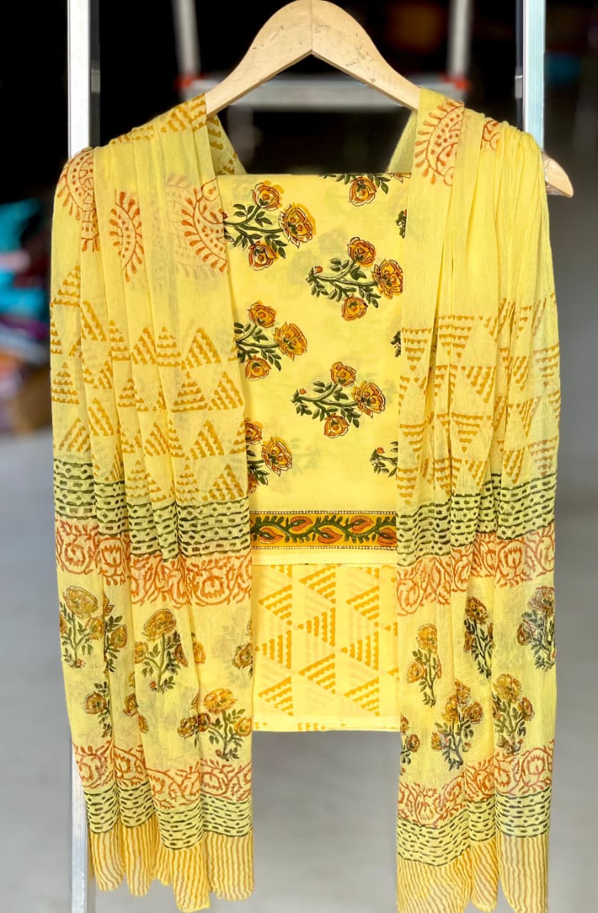 Pure Cotton Hand Block Printed Suit Set With Chiffon Dupatta