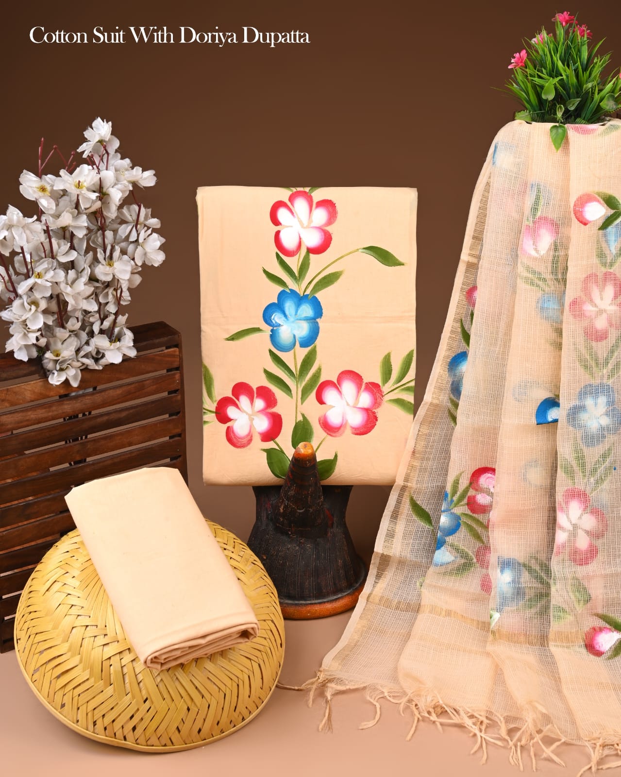 Pure Cotton Hand Block Printed Suit Set With Kota Doria Dupatta