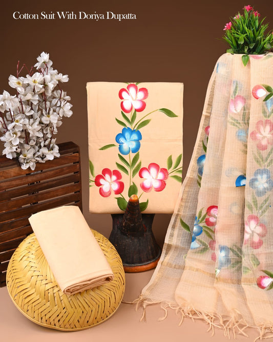 Pure Cotton Hand Block Printed Suit Set With Kota Doria Dupatta