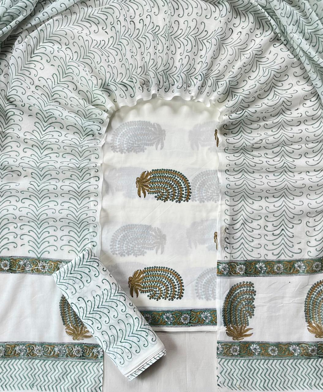 Pure Soft Cotton Hand Block Printed Suit Set With Cotton Dupatta