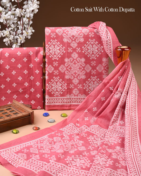 Designer Hand Block Printed Cotton Suit Set With Cotton Dupatta