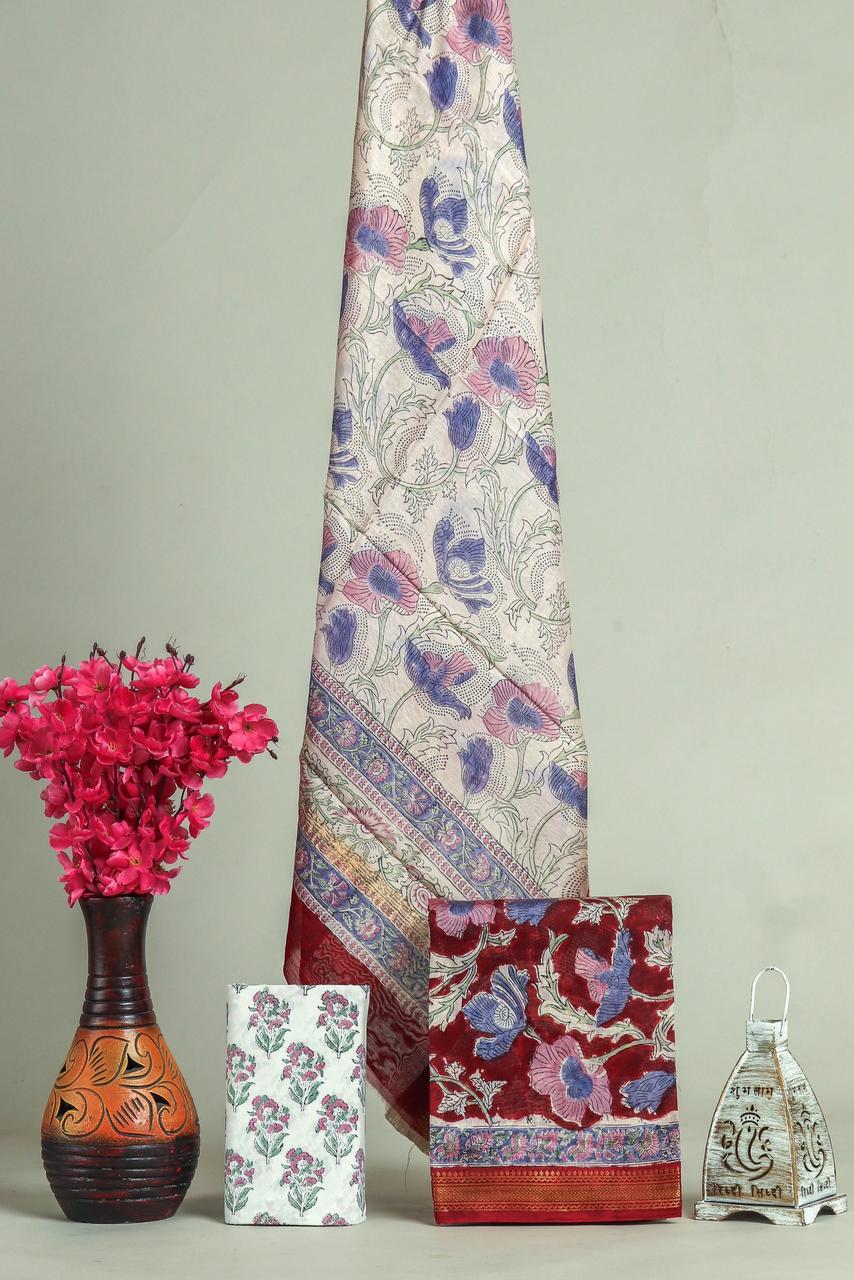 Premium Designer Handblock Printed Maheshwari Silk Suit Set