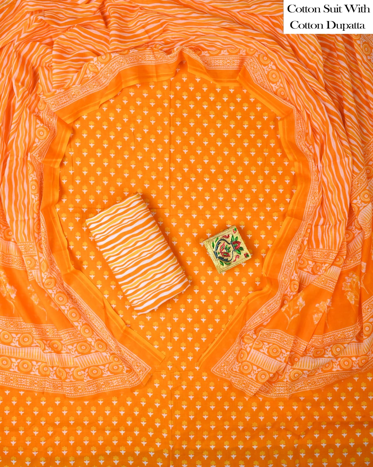 Designer Hand Block Printed Cotton Suit Set With Cotton Dupatta