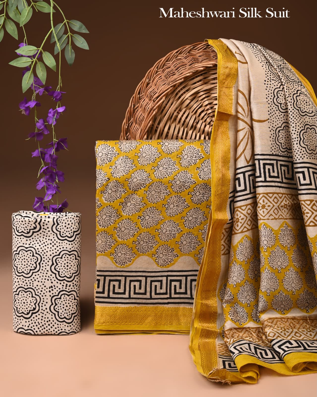 Premium Designer Handblock Printed Maheshwari Silk Suit Set