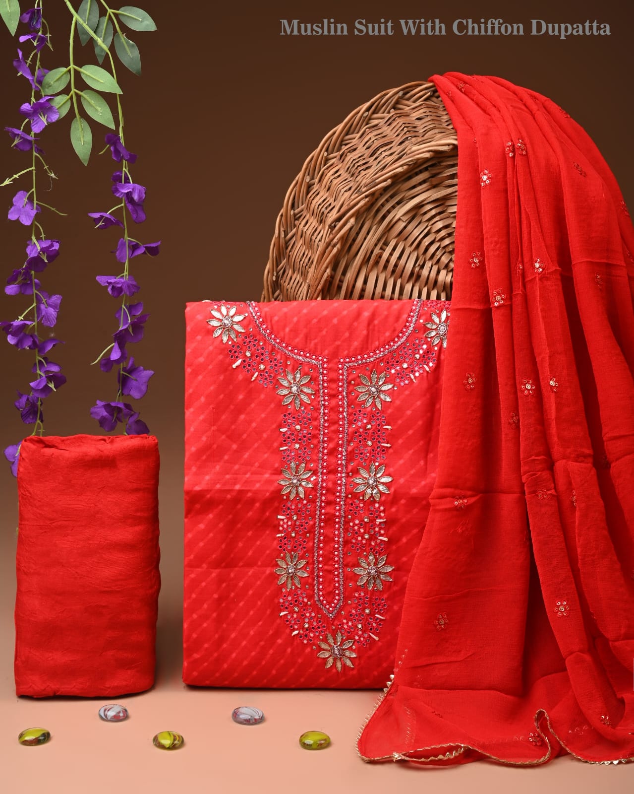 Premium Gota Patti Work Cotton Suit Set With Chiffon Dupatta