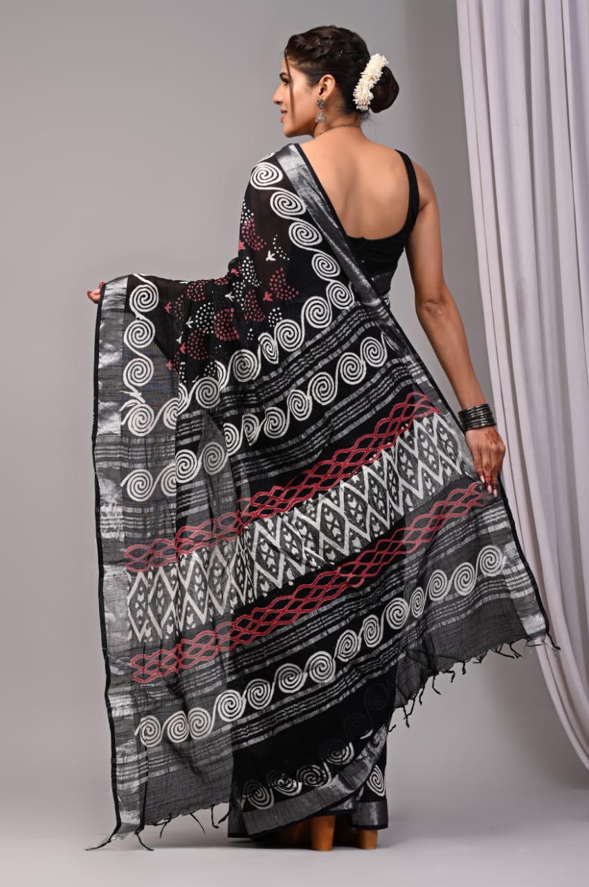 Pure Cotton Linen Handblock Printed Saree With Blouse