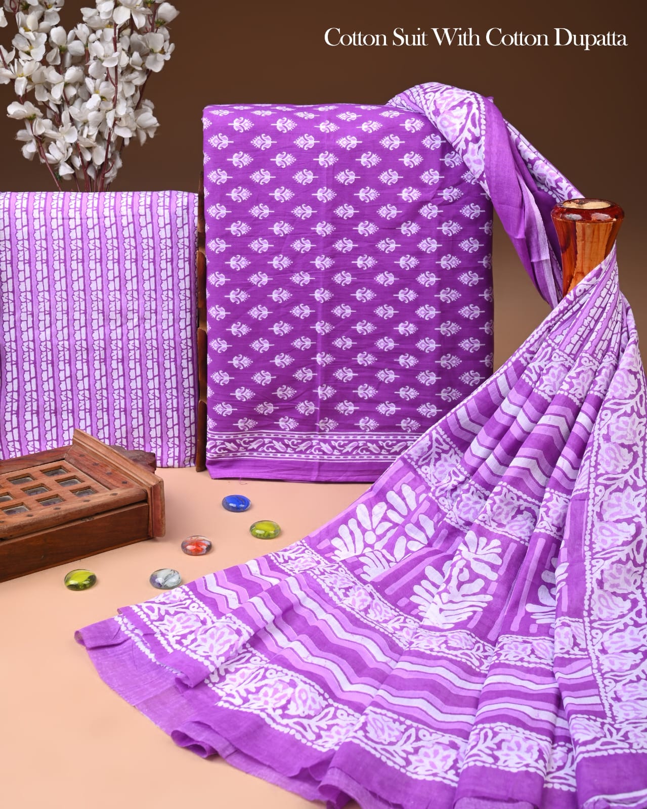 Designer Hand Block Printed Cotton Suit Set With Cotton Dupatta