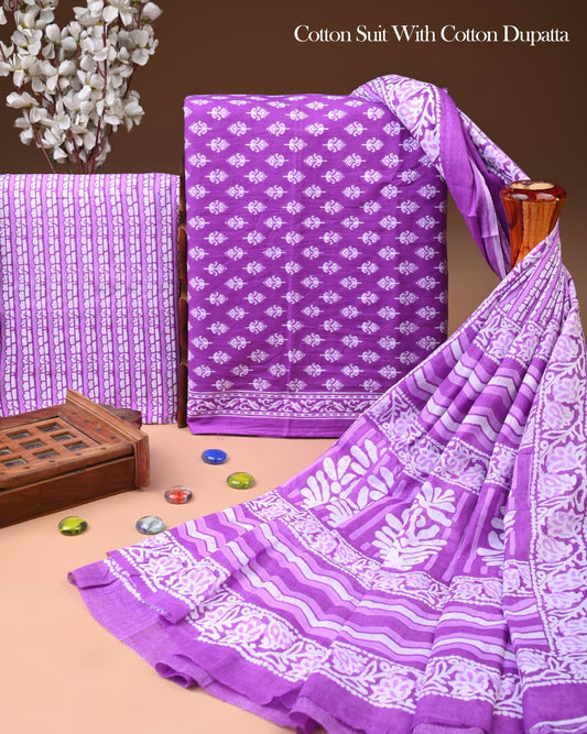 Designer Hand Block Printed Cotton Suit Set With Cotton Dupatta