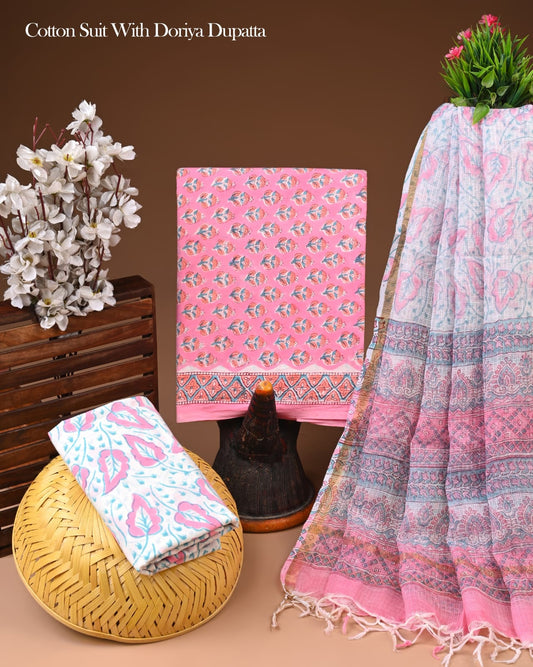 Pure Cotton Hand Block Printed Suit Set With Kota Doria Dupatta