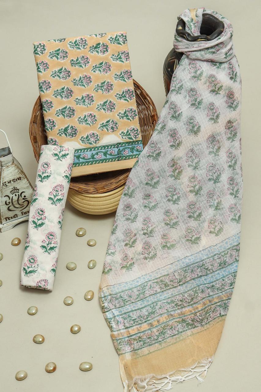 Pure Cotton Hand Block Printed Suit Set With Kota Doria Dupatta