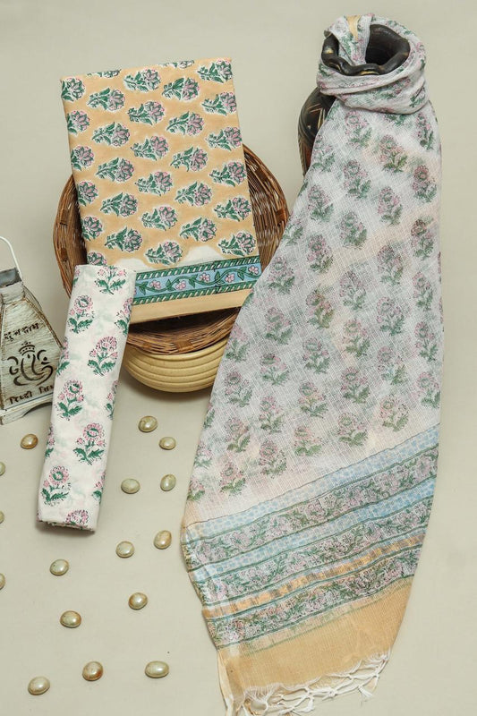 Pure Cotton Hand Block Printed Suit Set With Kota Doria Dupatta