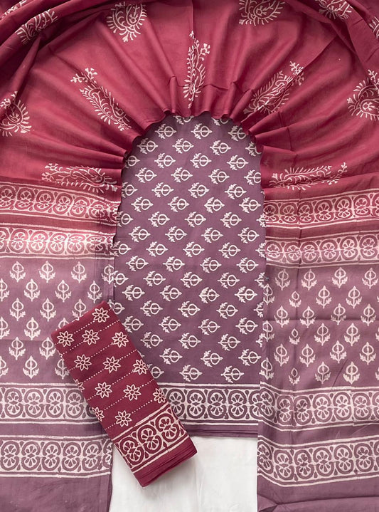 Pure Soft Cotton Hand Block Printed Suit Set With Cotton Dupatta