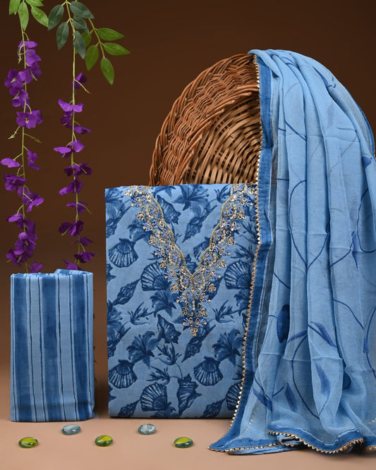 Premium Gota Patti Work Cotton Suit Set With Chiffon Dupatta