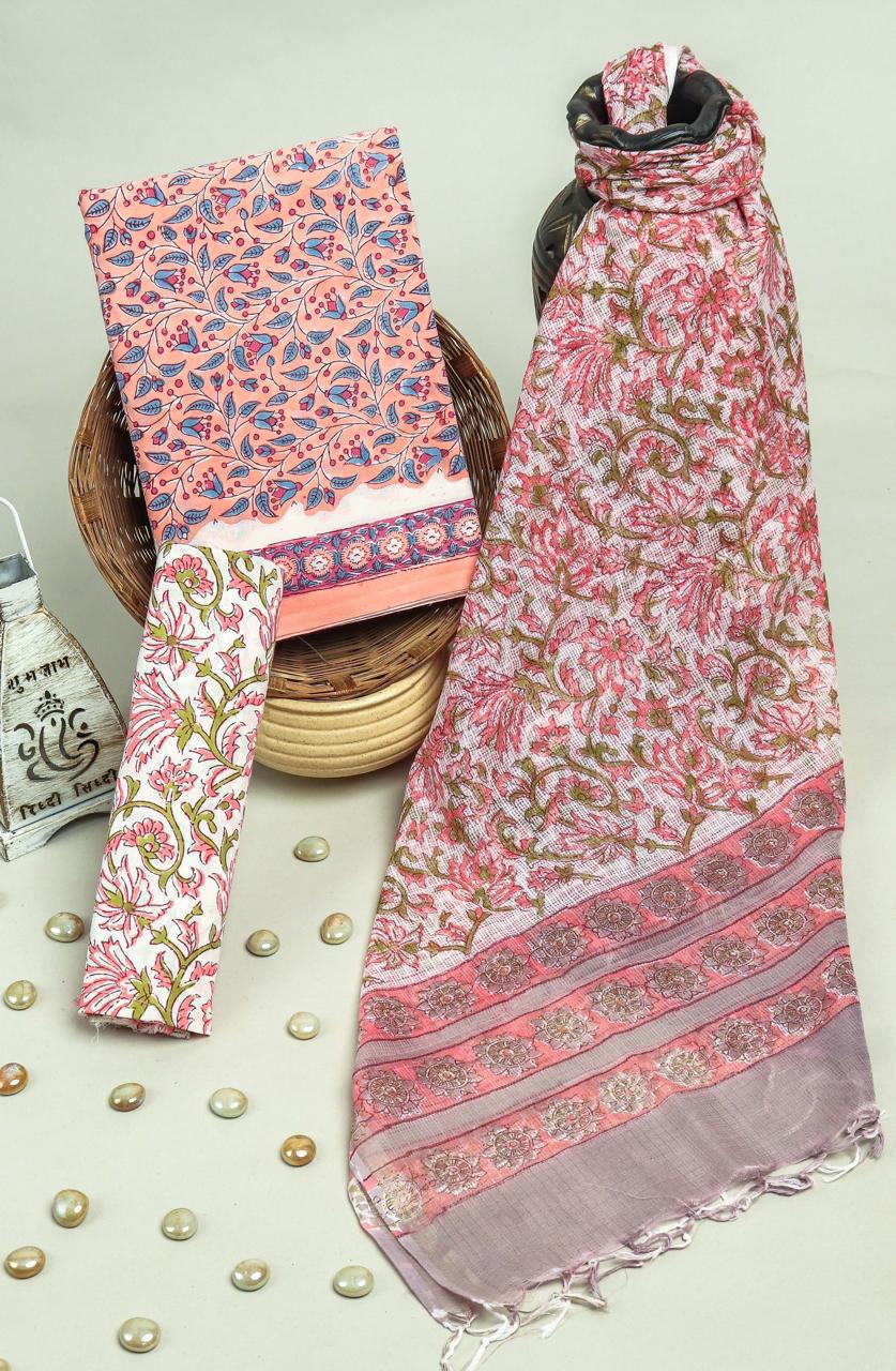 Pure Cotton Hand Block Printed Suit Set With Kota Doria Dupatta