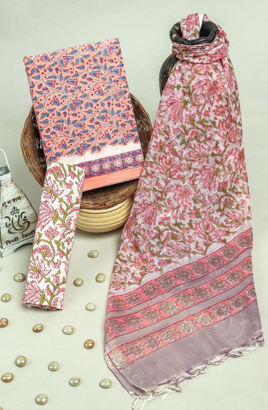 Pure Cotton Hand Block Printed Suit Set With Kota Doria Dupatta