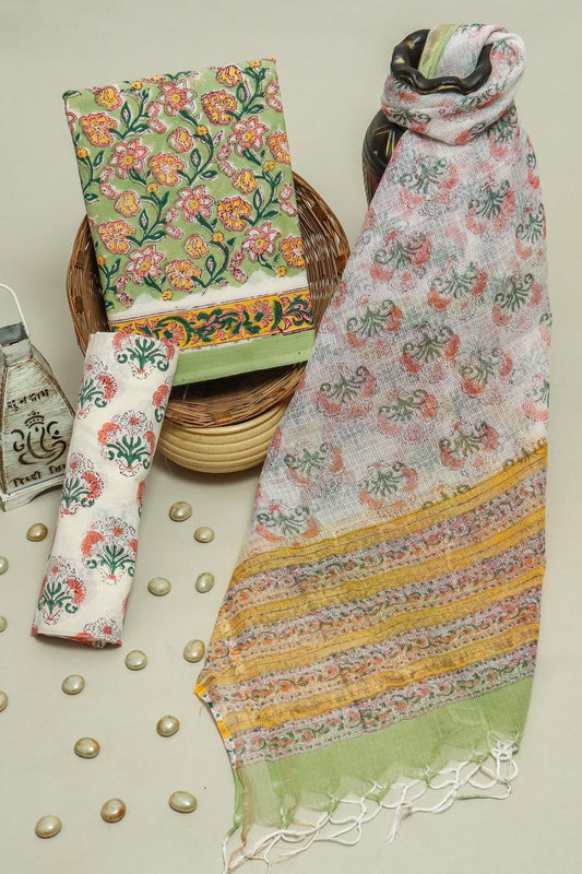 Pure Cotton Hand Block Printed Suit Set With Kota Doria Dupatta