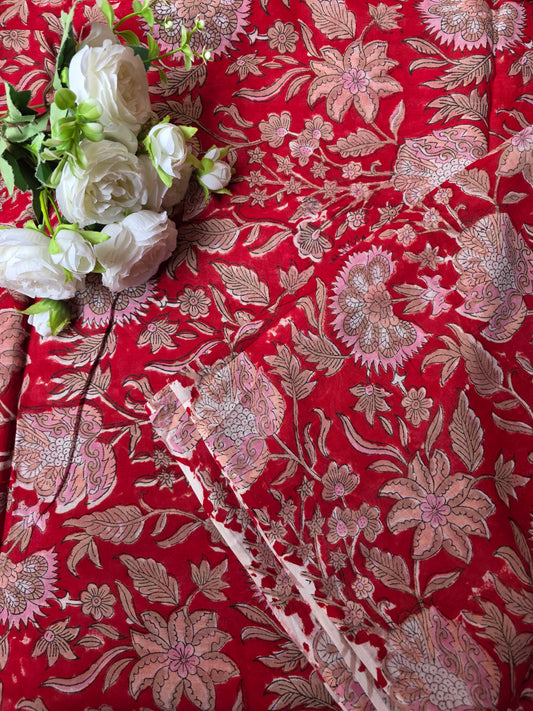 Pure Soft Mulmul Cotton Handblock Printed Fabric