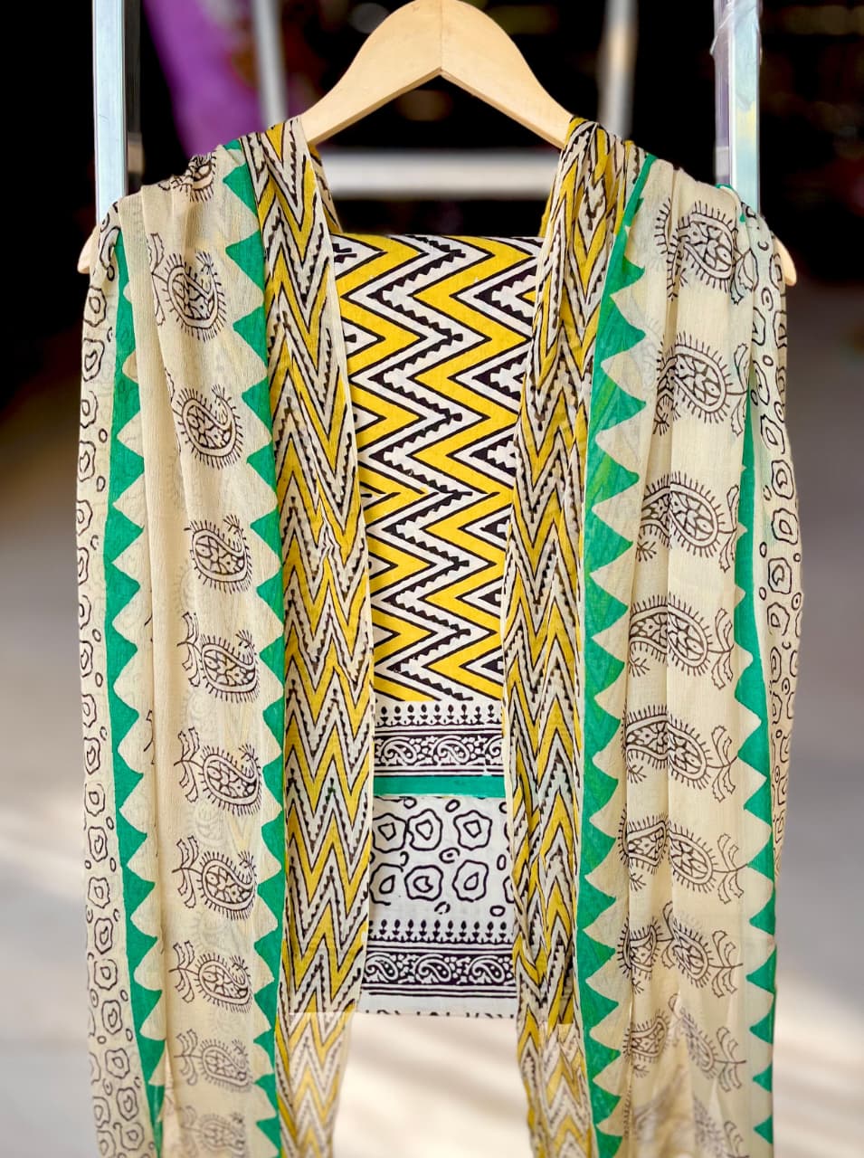 Pure Cotton Hand Block Printed Suit Set With Chiffon Dupatta