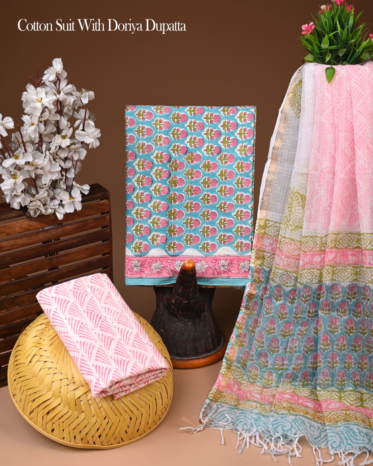Pure Cotton Hand Block Printed Suit Set With Kota Doria Dupatta