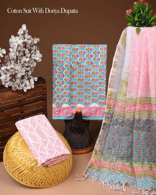Pure Cotton Hand Block Printed Suit Set With Kota Doria Dupatta