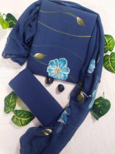 Pure Cotton Hand Block Printed Suit Set With Chiffon Dupatta