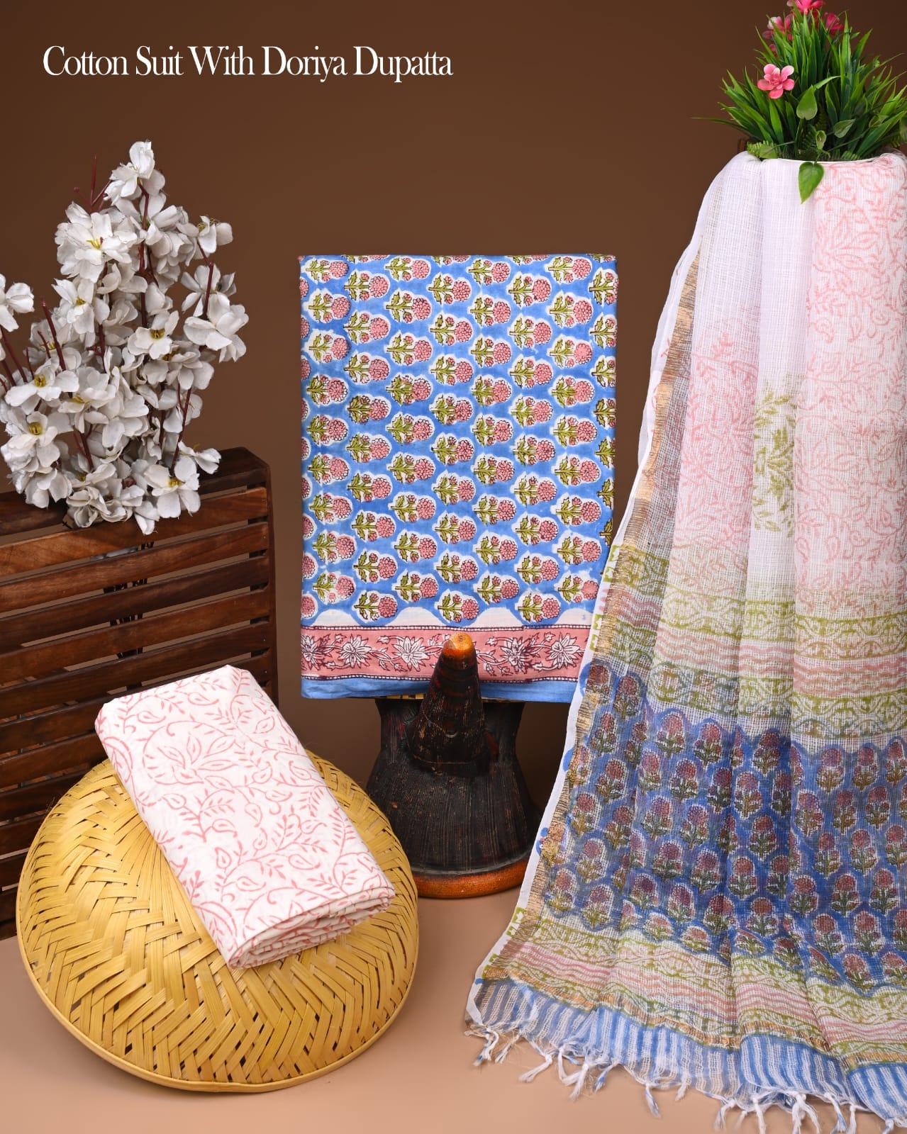 Pure Cotton Hand Block Printed Suit Set With Kota Doria Dupatta