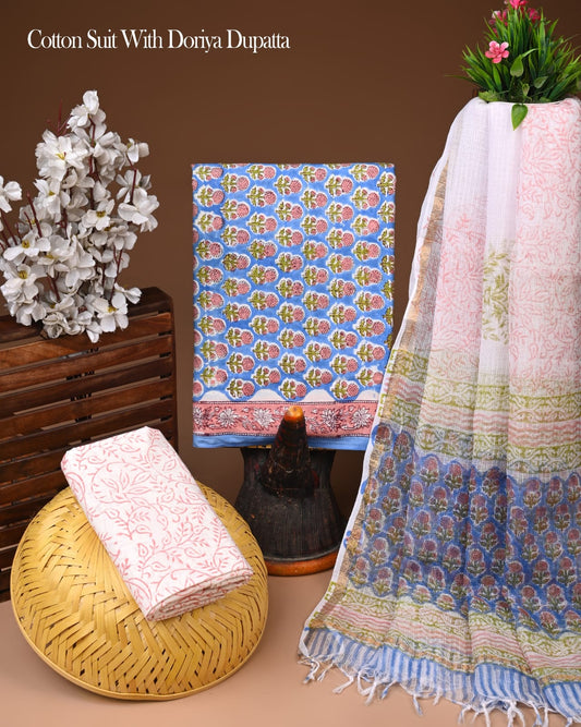 Pure Cotton Hand Block Printed Suit Set With Kota Doria Dupatta